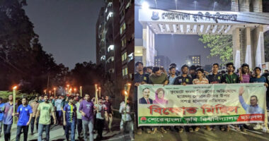 শেকৃবিতে বৈষম্যবিরোধীদের মশাল, ছাত্রদলের বিক্ষোভে উত্তেজনা