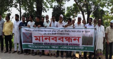 তিন ফসলি জমি রক্ষায় মানববন্ধন: অবৈধ ইটভাটা উচ্ছেদ ও মাটিকাটা বন্ধের দাবি