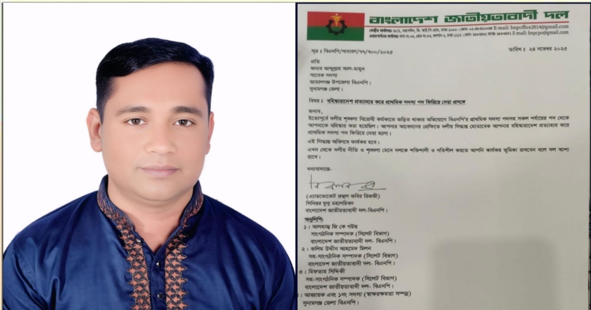 বিএনপি থেকে আব্দুল্লাহ আল মামুনের বহিষ্কারাদেশ প্রত্যাহার