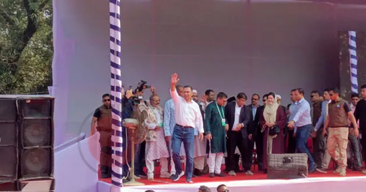 সিলেটে বিএনপির জনসভার মঞ্চে তারেক রহমান