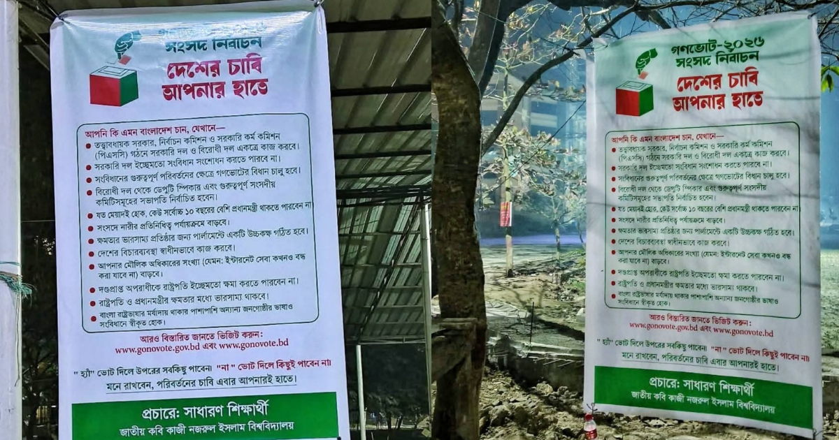 নজরুল বিশ্ববিদ্যালয়ে গণভোটে ‘হ্যাঁ’ ভোটের প্রচারণায় ব্যানার ও পোস্টারিং