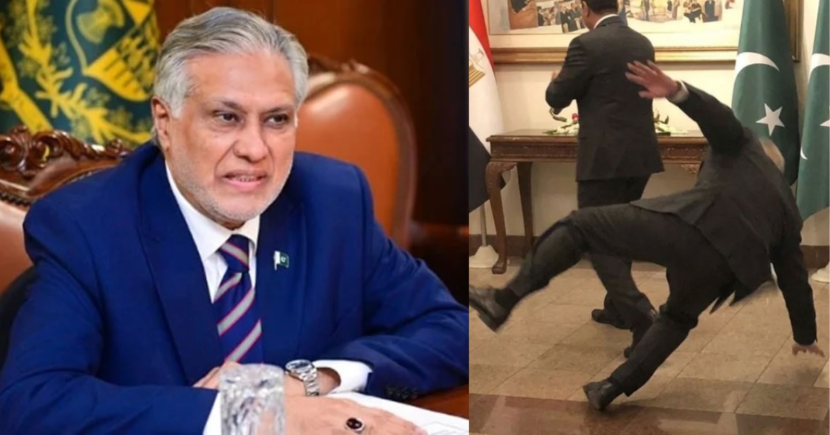 মিসরের পররাষ্ট্রমন্ত্রীকে স্বাগত জানাতে গিয়ে পা পিছলে পড়ে আহত হন পাকিস্তানের পররাষ্ট্রমন্ত্রী ইসহাক দার