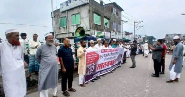 লালমোহনে দ্রুত ব্রিজ সংস্কারের দাবিতে মানববন্ধন