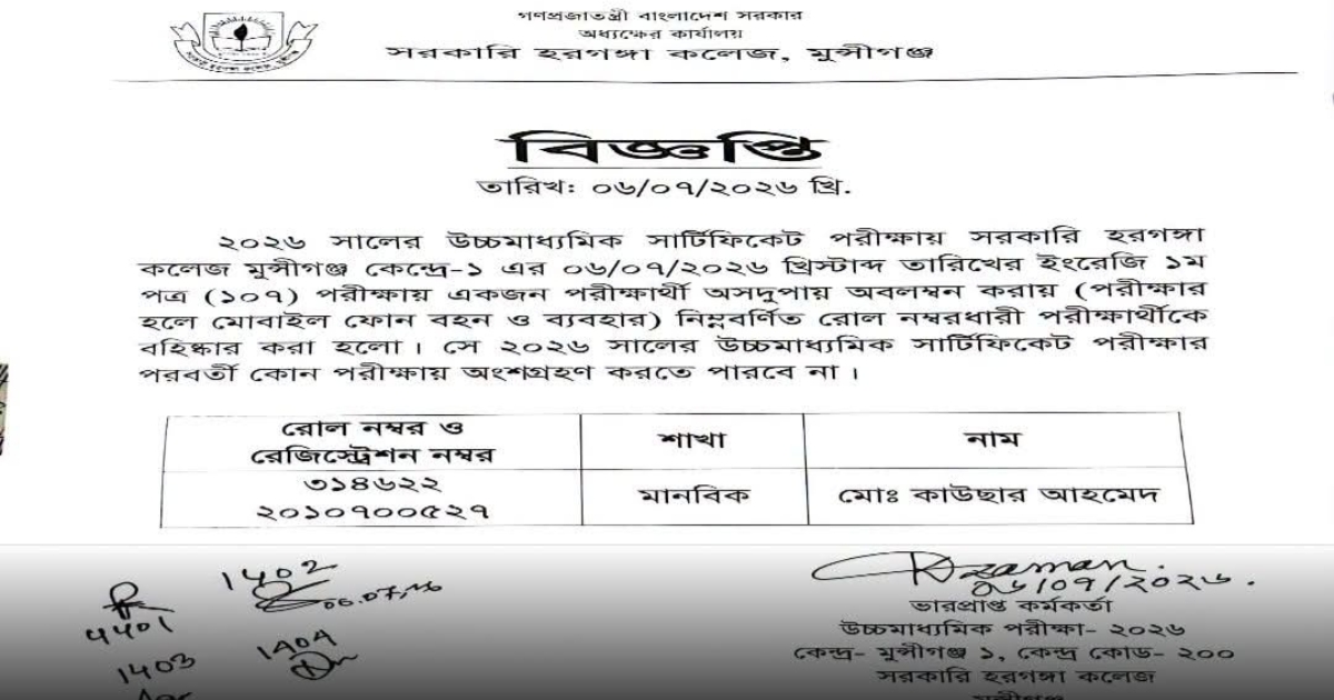 এইচএসসি পরীক্ষার হলে মোবাইল ব্যবহারে পরীক্ষার্থী বহিষ্কার