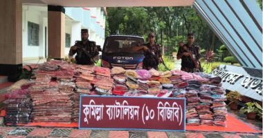 কুমিল্লায় বিপুল পরিমাণ ভারতীয় শাড়ি ও থ্রি-পিছ সহ যানবাহন জব্দ করেছে বিজিবি