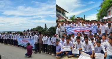বিদ্যালয়ের জায়গা দখল মুক্ত সহ ছয় দফা দাবিতে শিক্ষার্থীদের মানববন্ধন ও সড়ক অবরোধ