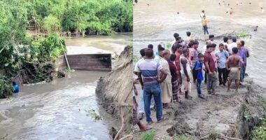 পানির চাপে ধসে গেছে স্লুইসগেট, হুমকির মুখে কৃষিজমি ও শতাধিক পরিবার