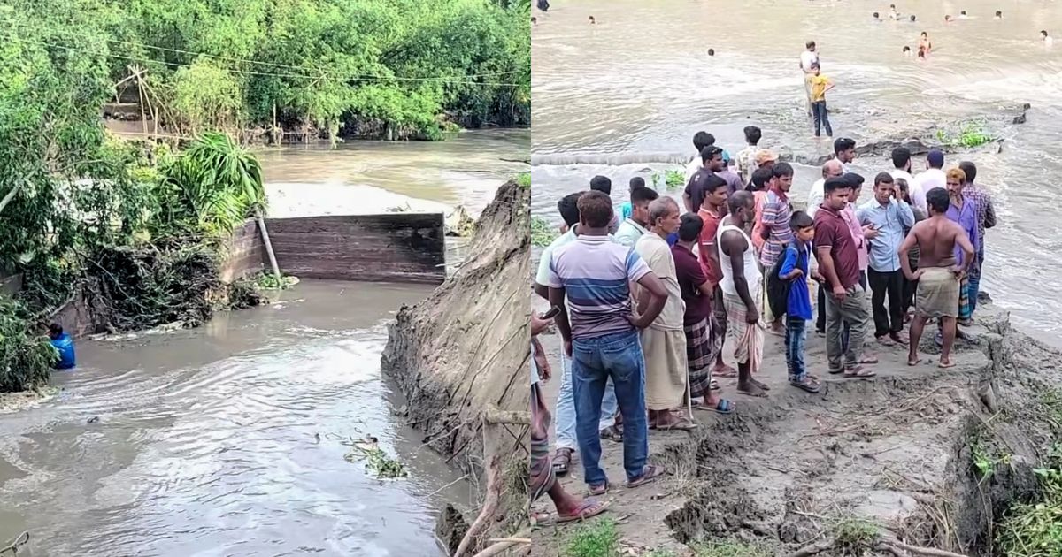 পানির চাপে ধসে গেছে স্লুইসগেট, হুমকির মুখে কৃষিজমি ও শতাধিক পরিবার