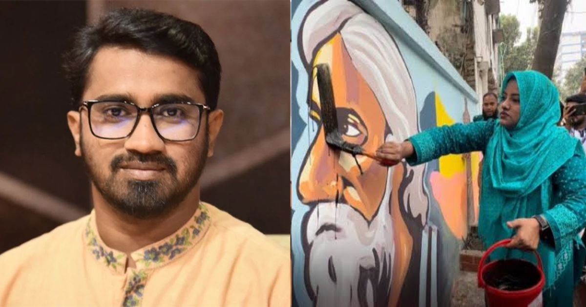 ‘রবীন্দ্রনাথের গ্রাফিতিতে লাগানো চুনকালি কেনার টাকা দেন জামায়াত আমিরের উপদেষ্টা’: রাশেদ খাঁন
